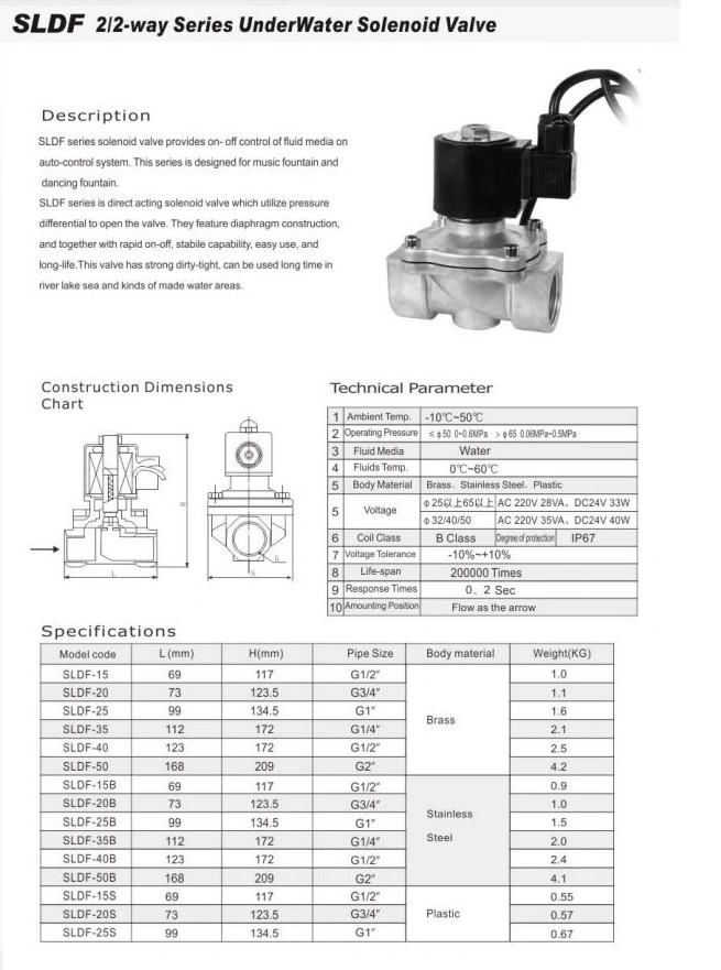 Sldf 2/2-Way Series Underwater Solenoid Valve